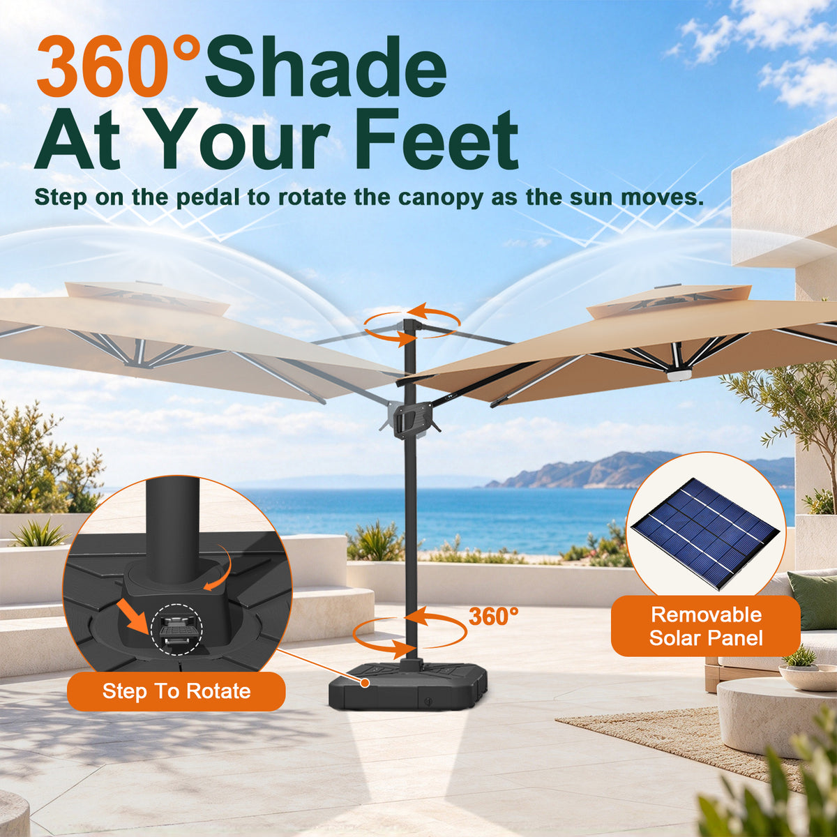 Tan Aegis Pro umbrella showing foot-pedal rotation and a removable solar panel - Sunshade