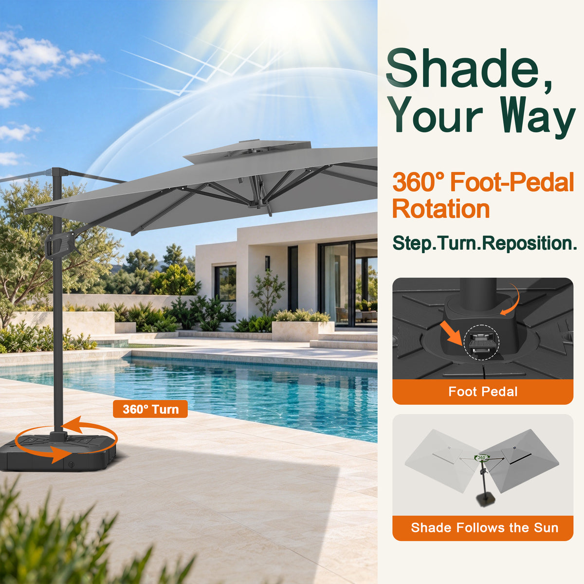 Cantilever charcoal patio umbrella with 360-degree foot-pedal rotation for easy shade adjustment - Sunshade