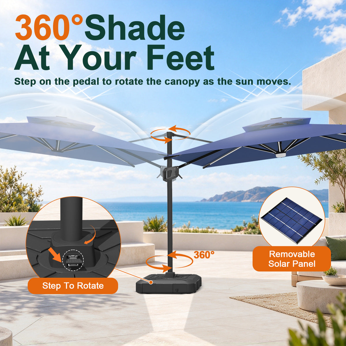 Navy Blue Aegis Pro umbrella showing foot-pedal rotation and a removable solar panel - Sunshade