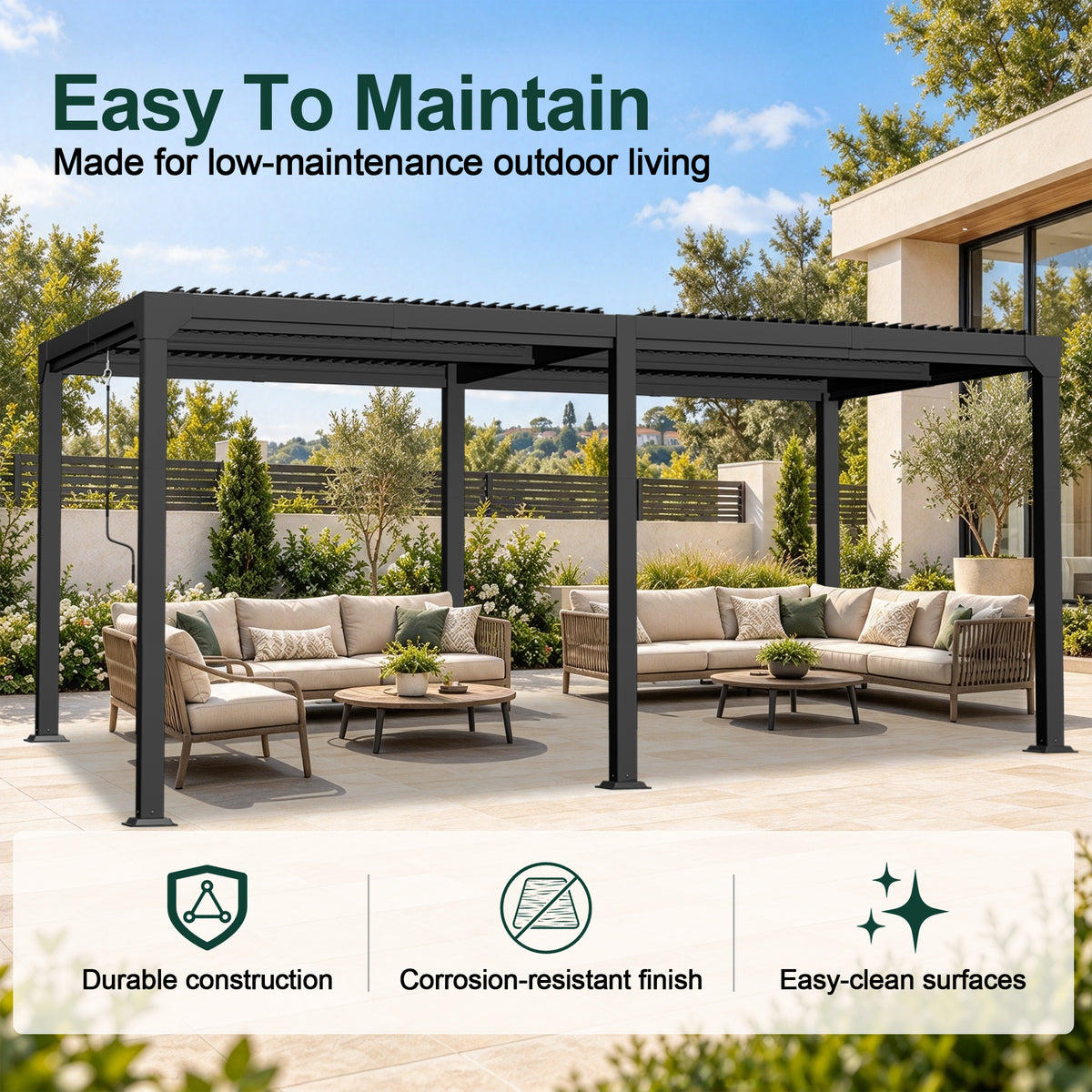 Atlantic freestanding louvered pergola sheltering two outdoor seating areas on a patio - Sunshade