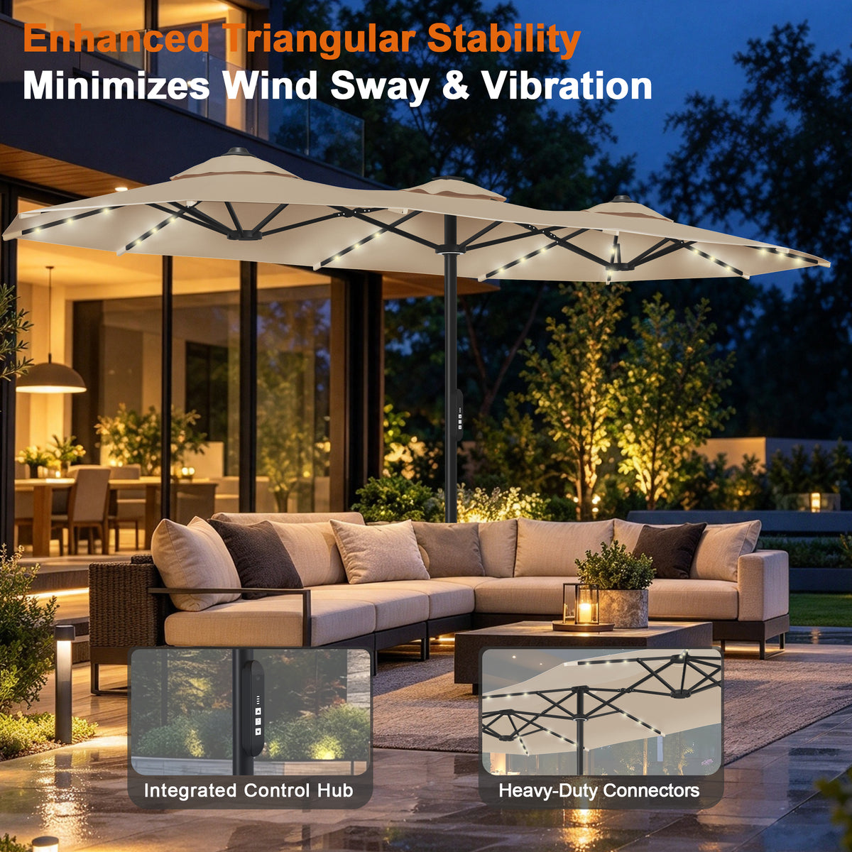 Beige patio umbrella with reinforced triangular supports, heavy-duty connectors, integrated controls, and LED lighting - Sunshade