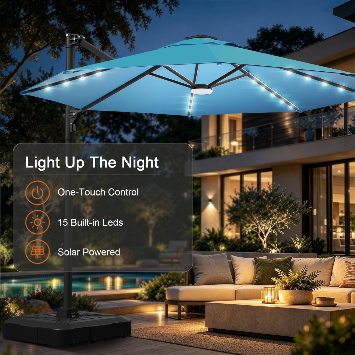 Turquoise round cantilever umbrella with 15 solar-powered LED lights on a poolside patio - Sunshade