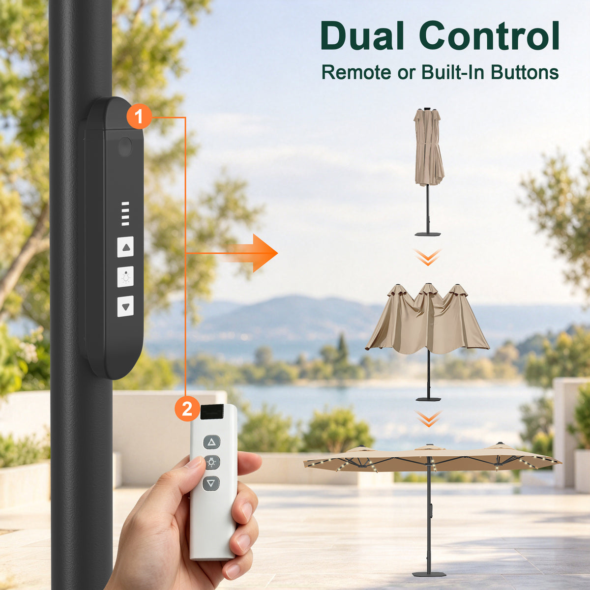 Motorized patio umbrella with wireless remote and built-in pole buttons for canopy and LED lighting control Beige - Sunshade