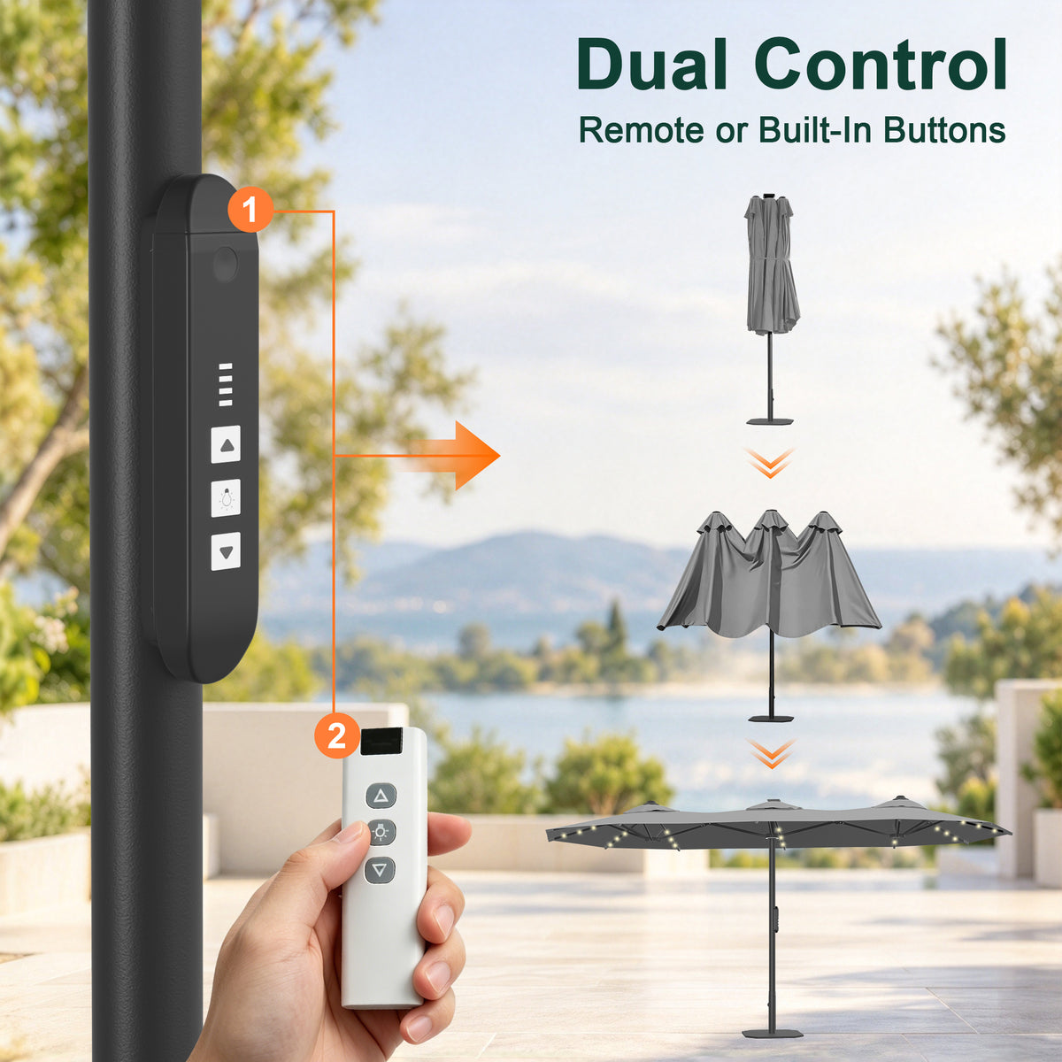 Premium Motorized Double-Sided Patio Umbrella with Remote Control & Solar LED Lights — Effortless Shade for Modern Outdoor Living