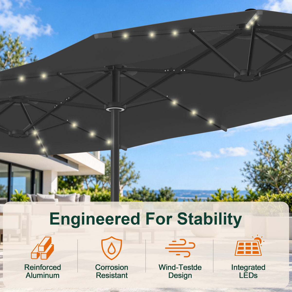 Premium Motorized Double-Sided Patio Umbrella with Remote Control & Solar LED Lights — Effortless Shade for Modern Outdoor Living