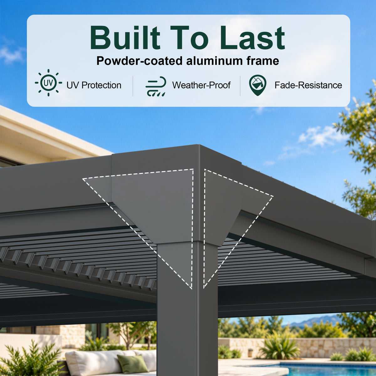 Close-up of the Atlantic pergola’s reinforced corner and powder-coated aluminum frame - Sunshade