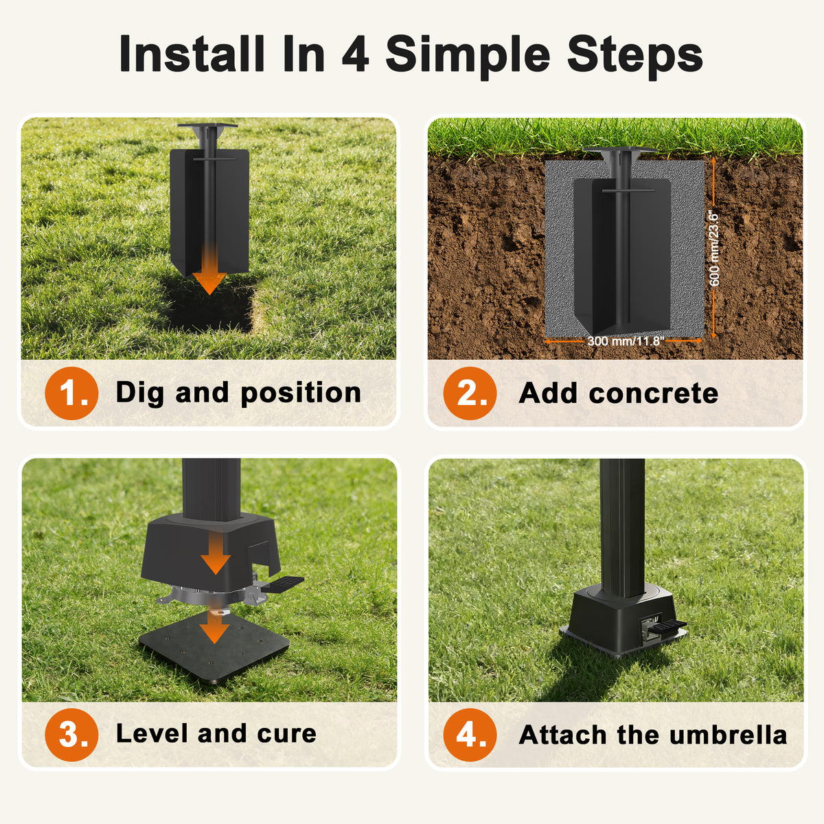 In-ground umbrella base close-up highlighting heavy-duty coated metal construction, a corrosion-resistant finish, weather resistance, and a wear-resistant surface - Sunshade