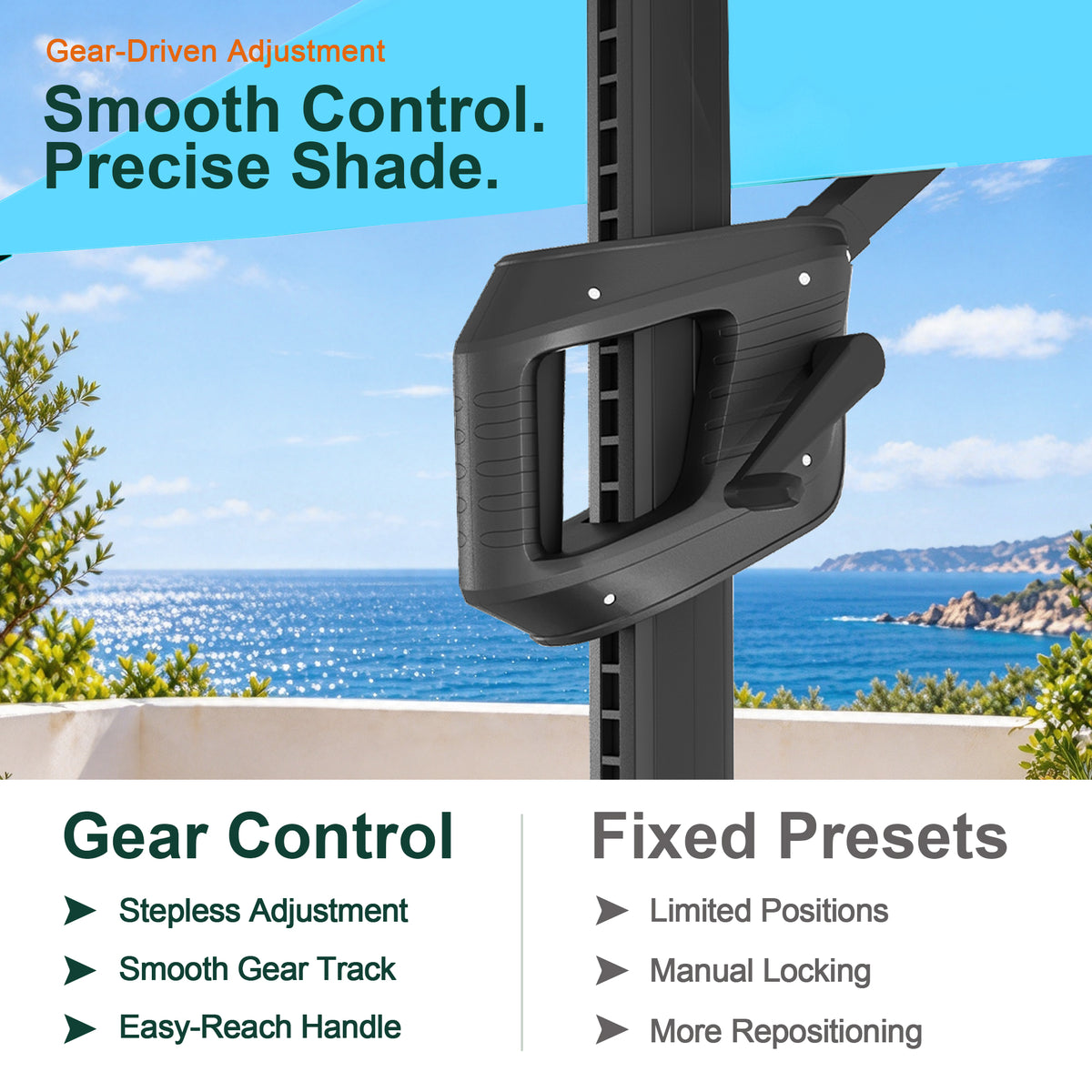 Gear-driven tilt handle on an Aegis Pro umbrella compared with fixed-position controls - Sunshade
