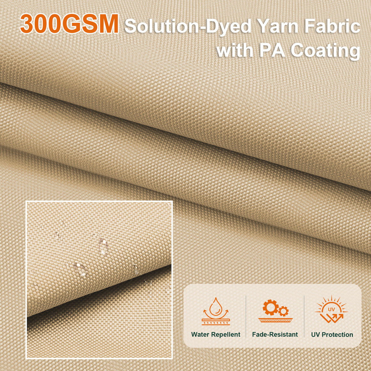 300 GSM solution-dyed canopy fabric with water-repellent PA coating and dense beige weave - Sunshade