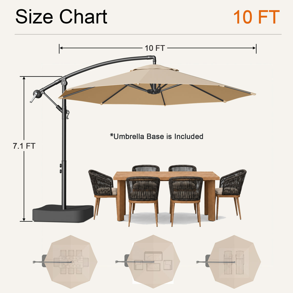 Beige 10 ft cantilever patio umbrella size chart showing 7.1 ft height and included base - Sunshade