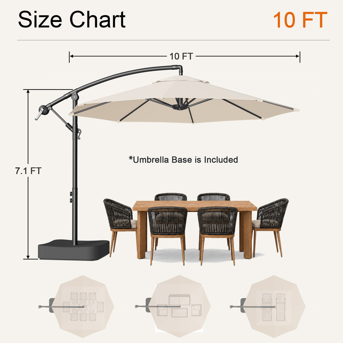 Cream 10 ft cantilever patio umbrella size chart showing 7.1 ft height and included base - Sunshade